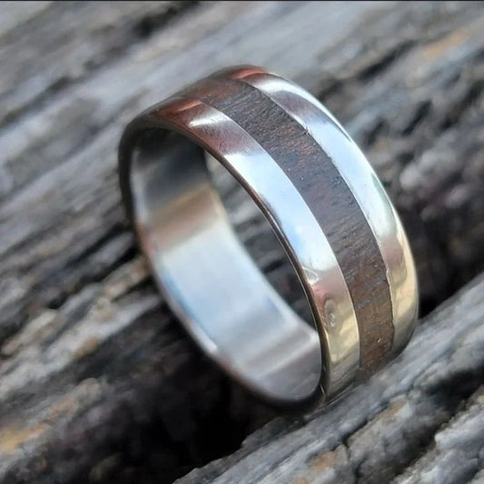 "The Dapper Outdoorsman" Brushed Titanium and Walnut Mens Ring