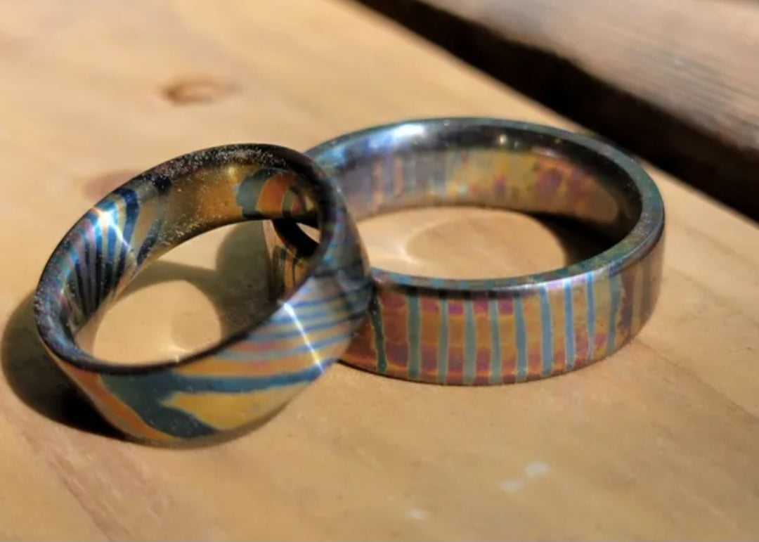 "Super Fire Set" Flame anodized titanium damascus timascus unique wedding ring