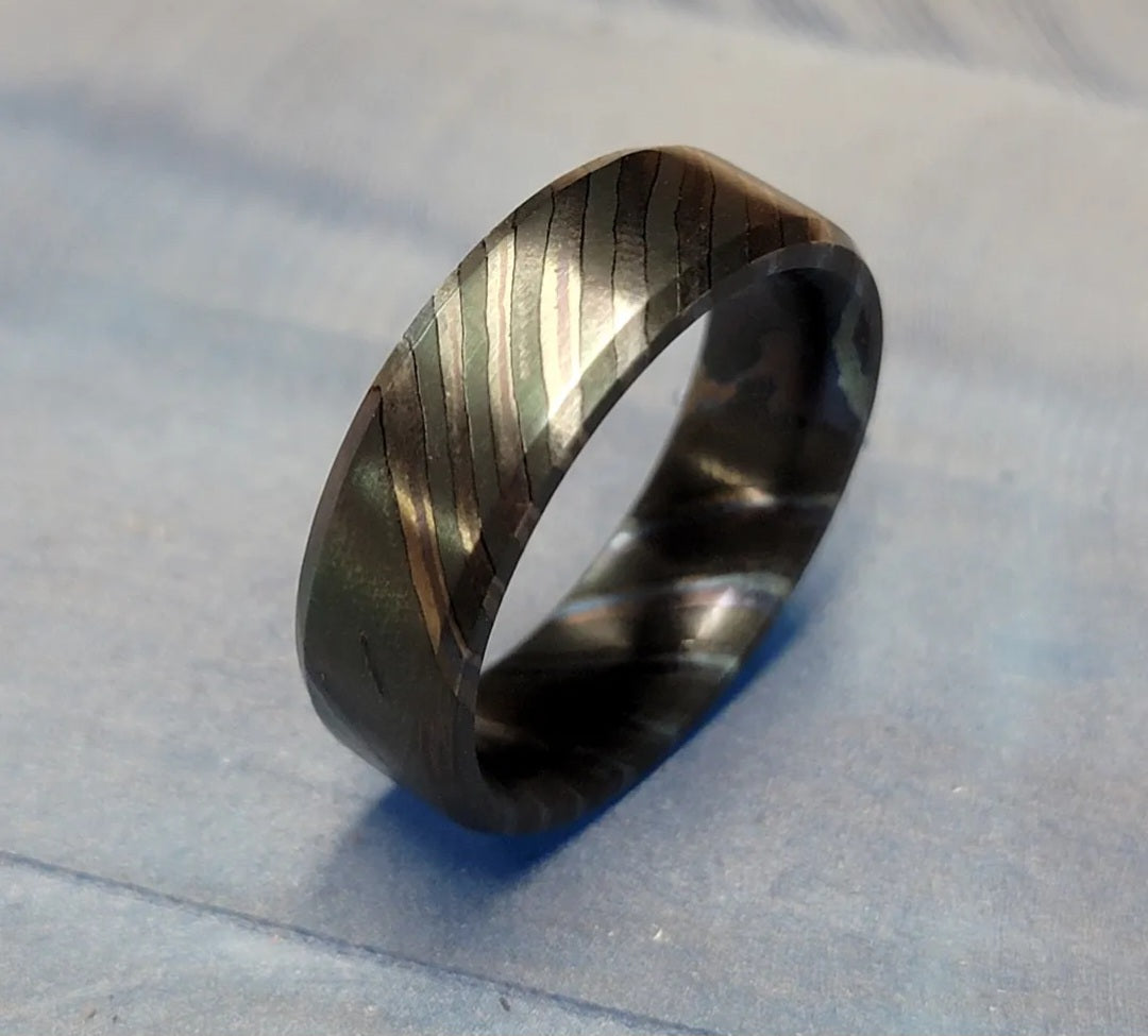 "The Thor" Double Layer Zirconium Titanium Damascus Welded Blended Ring