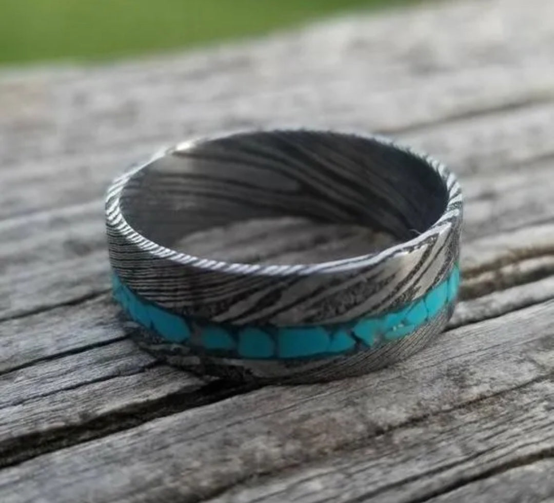 "Turquoise Twist" Stainless Damascus Ring Twist Pattern Genuine Turquoise Inlay