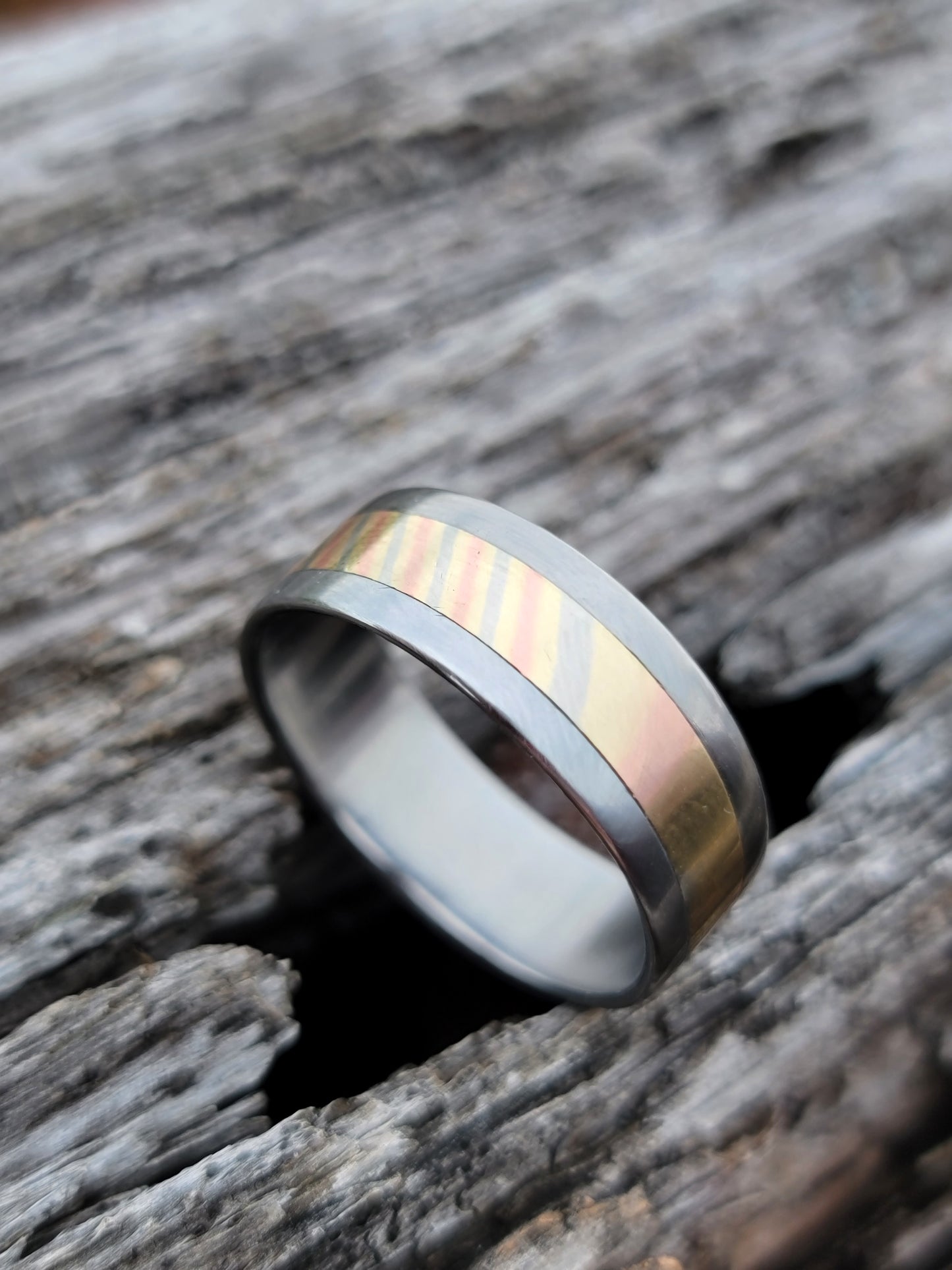 "Ti-Kume" Titanium and mokume ring