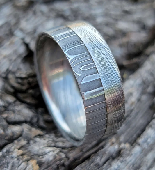 The Split Descision Damascus Timascus Ring