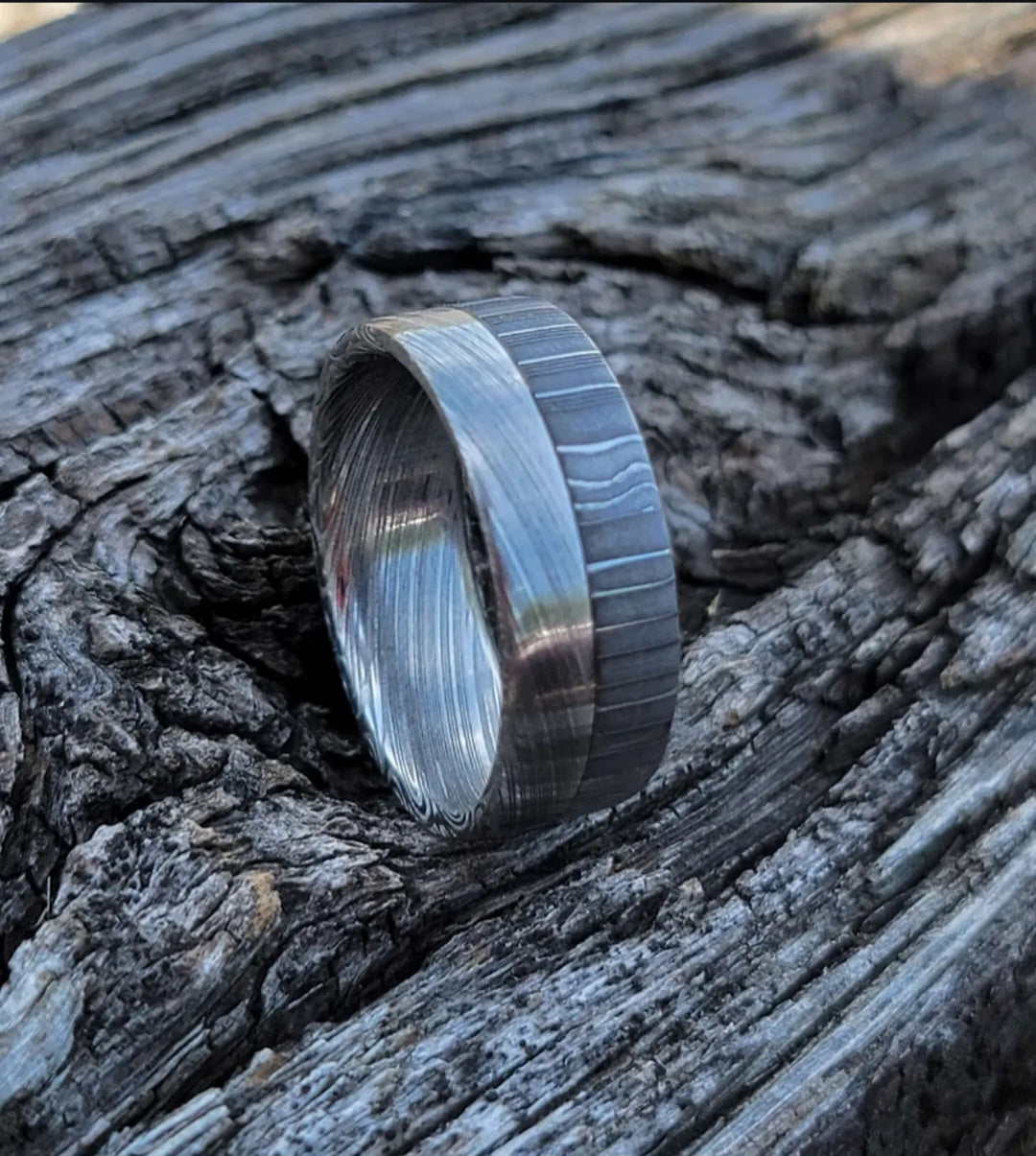 The Split Descision Damascus Timascus Ring