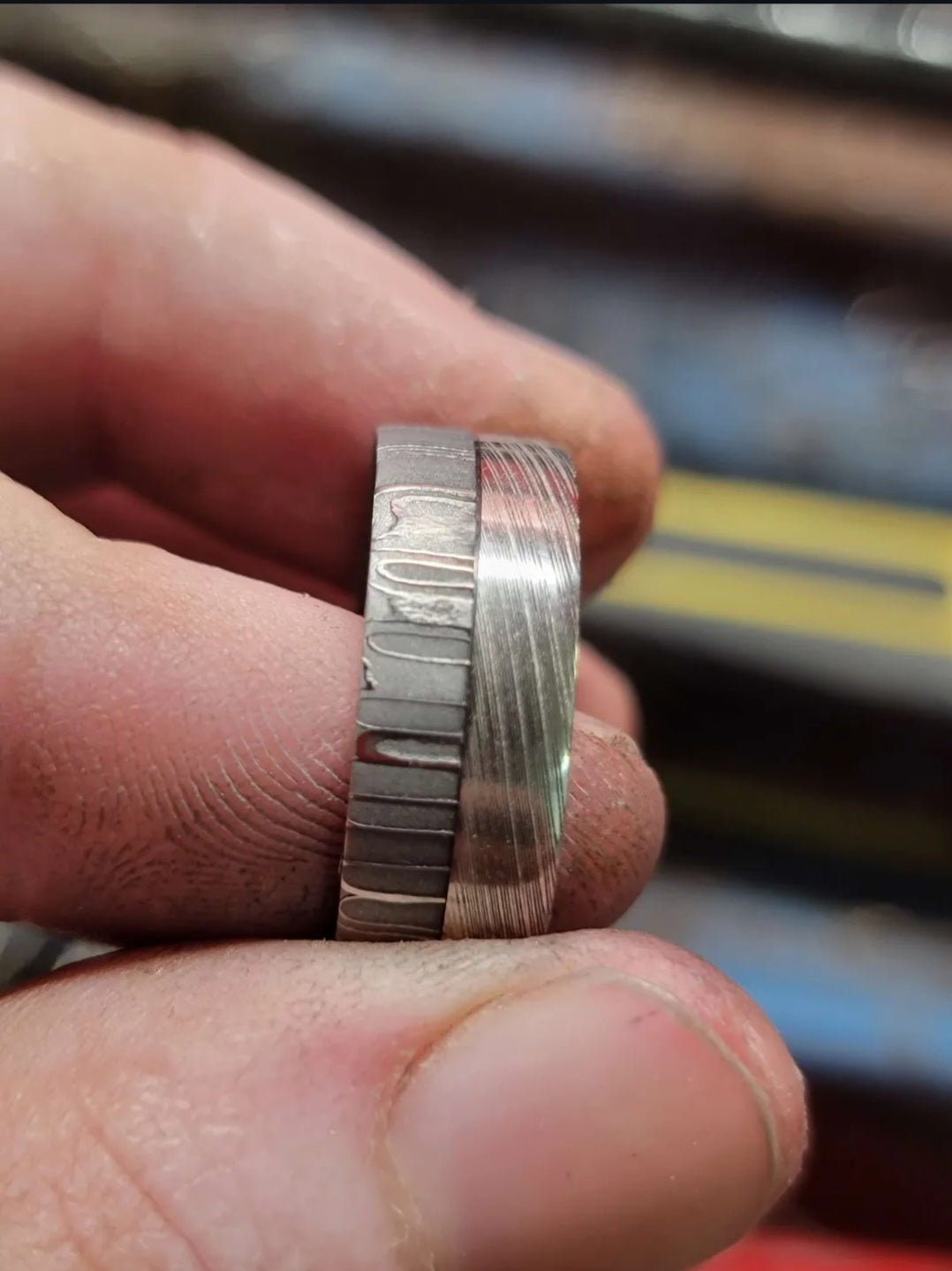 The Split Descision Damascus Timascus Ring