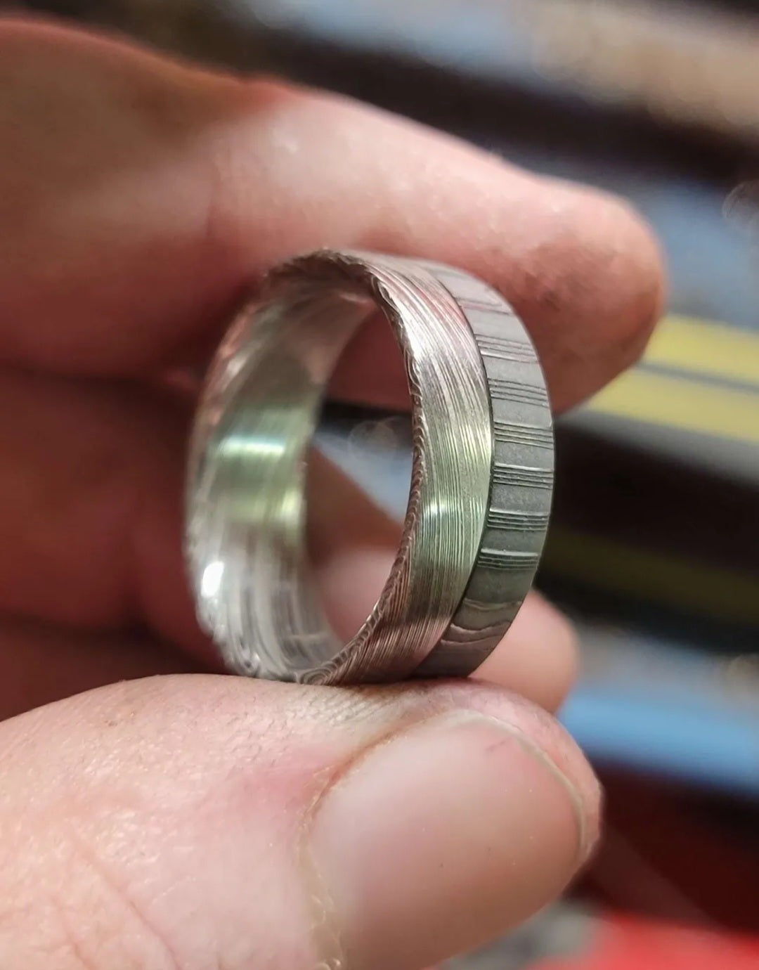 The Split Descision Damascus Timascus Ring