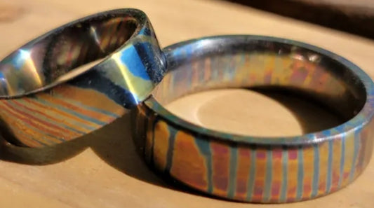 "Super Fire Set" Flame anodized titanium damascus timascus unique wedding ring