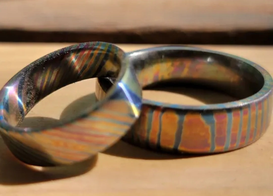 "Super Fire Set" Flame anodized titanium damascus timascus unique wedding ring