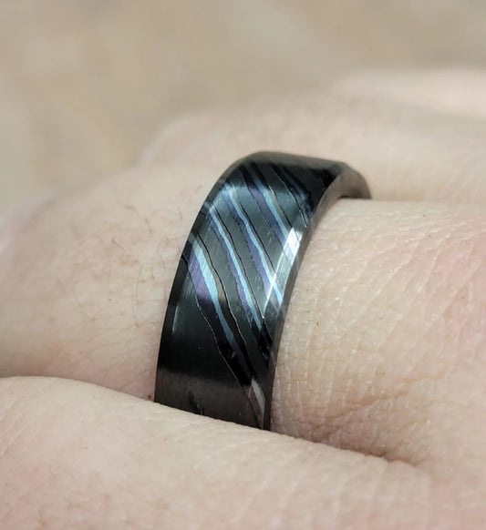 "The Thor" Double Layer Zirconium Titanium Damascus Welded Blended Ring