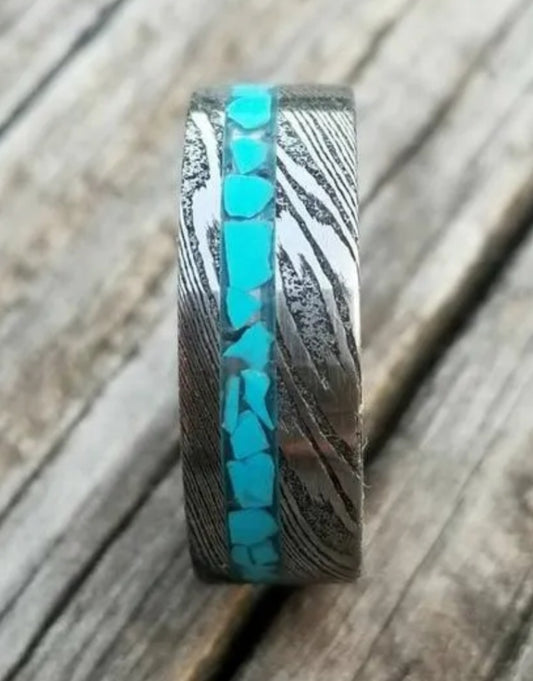 "Turquoise Twist" Stainless Damascus Ring Twist Pattern Genuine Turquoise Inlay