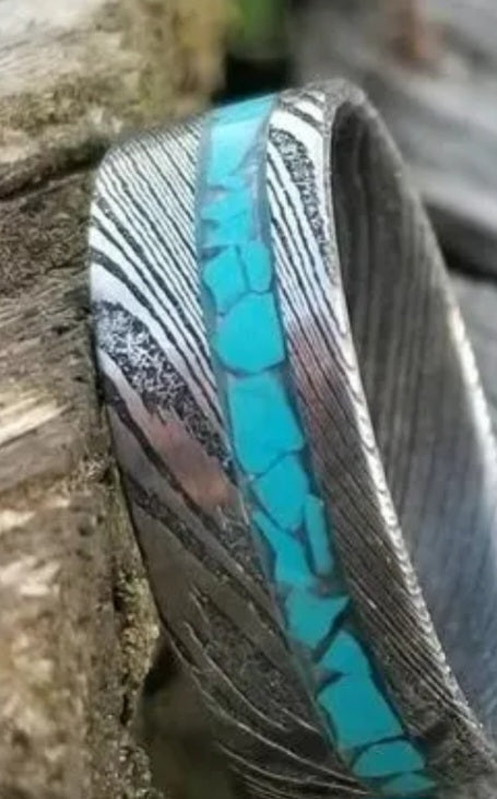 "Turquoise Twist" Stainless Damascus Ring Twist Pattern Genuine Turquoise Inlay