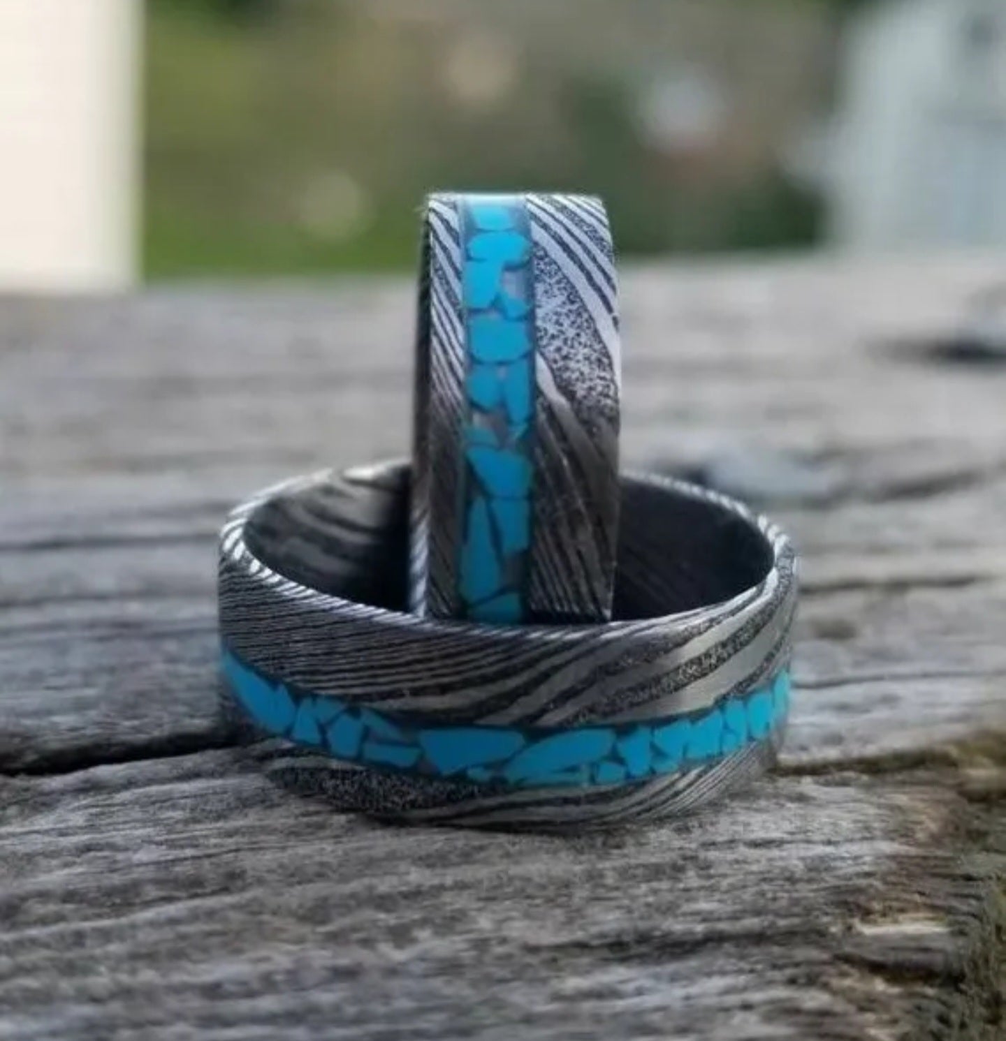 "Twisted Turquoise Set"Stainless Damascus Wedding Ring Set Twist Pattern