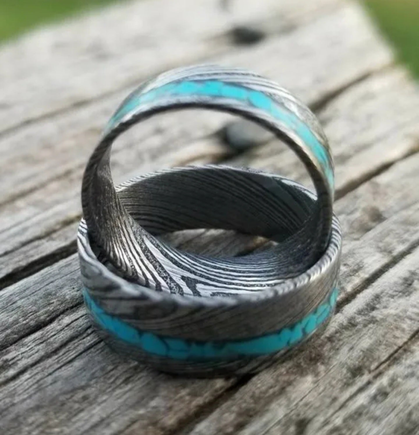 "Twisted Turquoise Set"Stainless Damascus Wedding Ring Set Twist Pattern