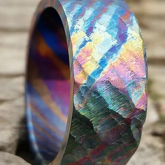 "Dragonheart" Ring Titanium Damascus Three Layer Twist Flame Anodized