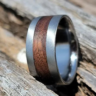 "The Dapper Outdoorsman" Brushed Titanium and Walnut Mens Ring