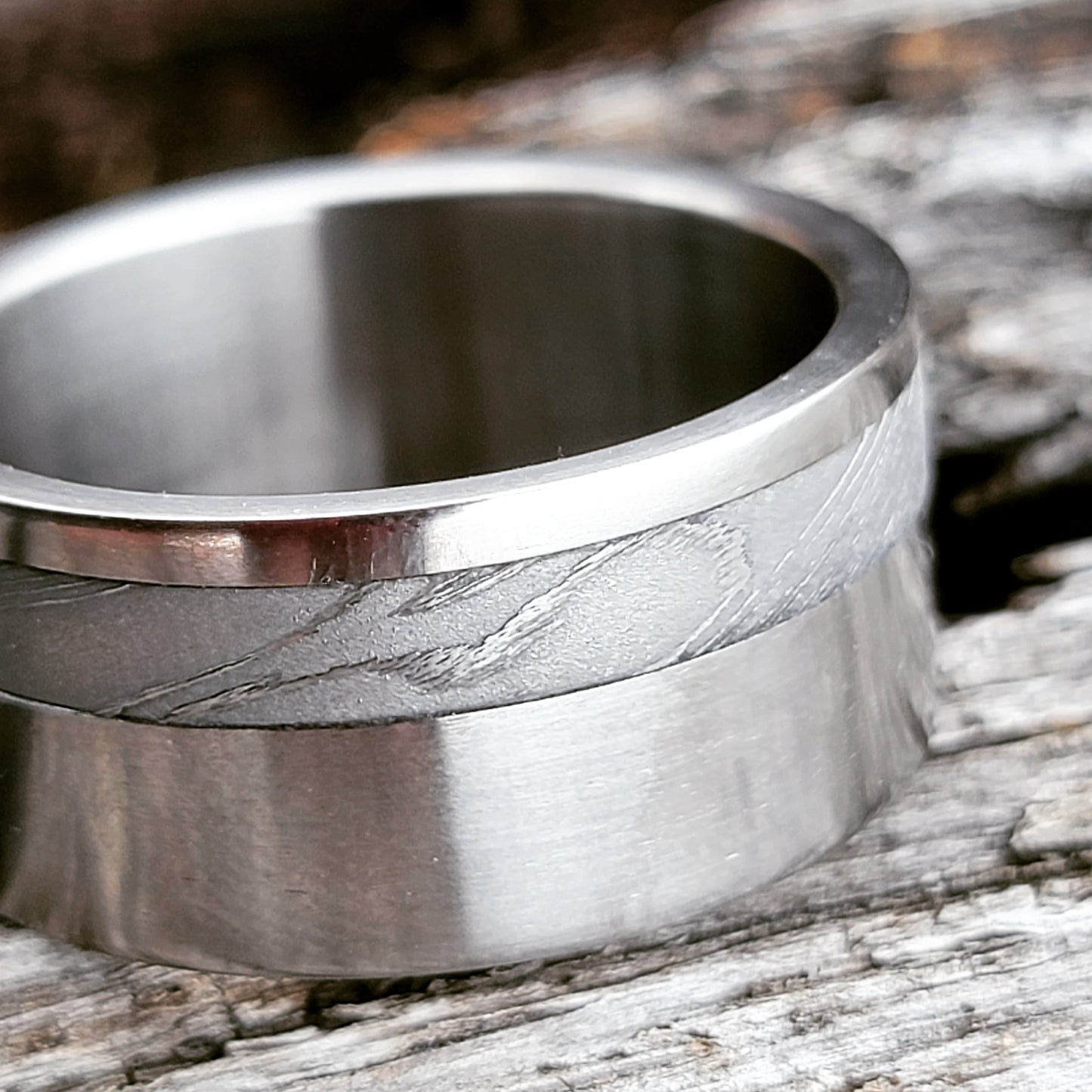 "The Knight" Stainless damascus and titanium mens ring hypoallergenic