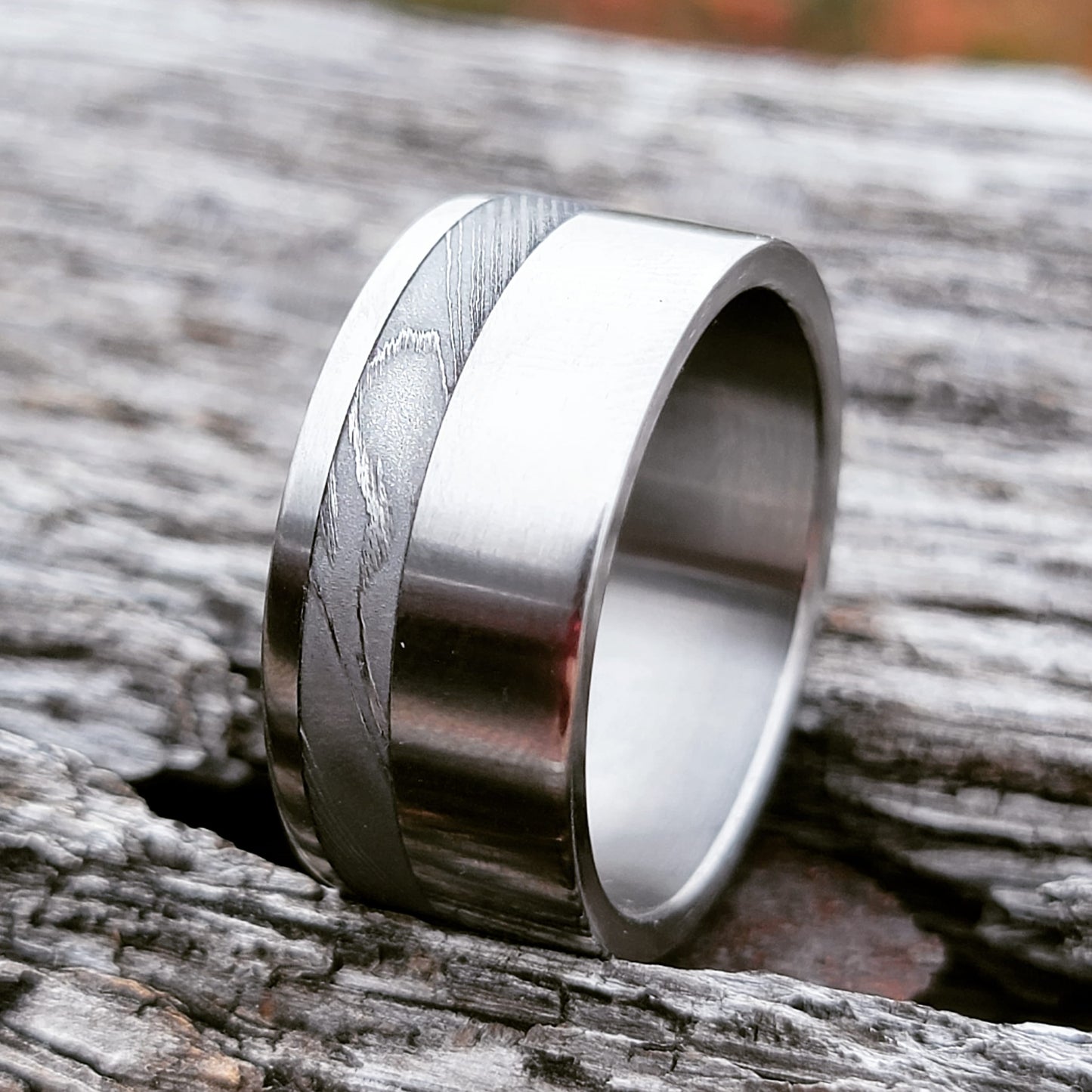 "The Knight" Stainless damascus and titanium mens ring hypoallergenic