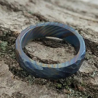 "Dragonheart" Ring Titanium Damascus Three Layer Twist Flame Anodized