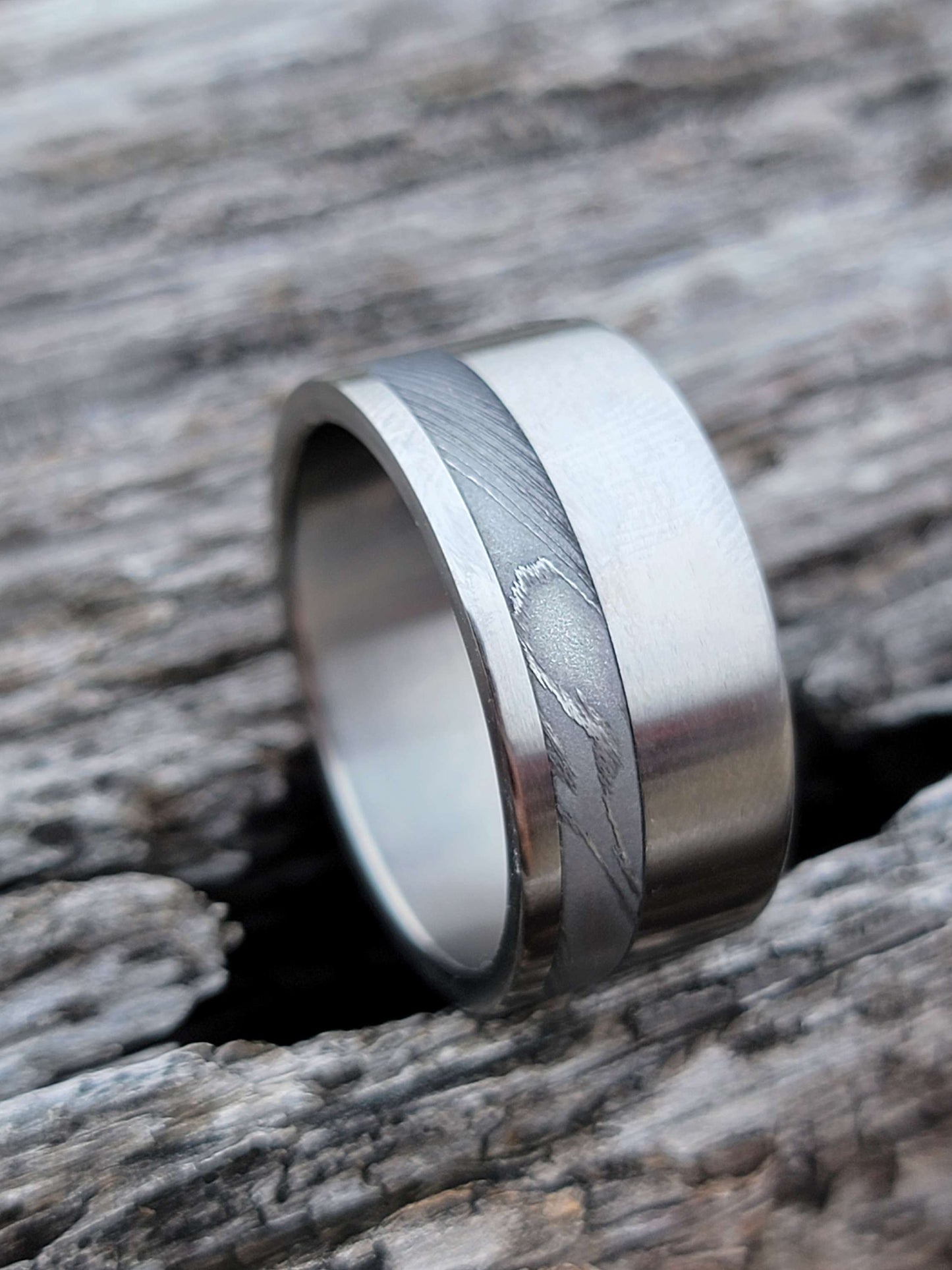 "The Knight" Stainless damascus and titanium mens ring hypoallergenic